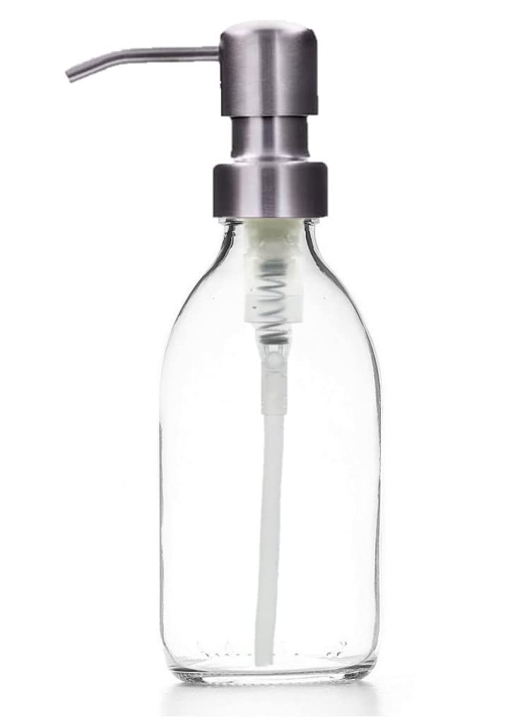Clear Glass Bottles 250ml Soap Dispenser with Metal Pump (BPA-Free) Clear Glass Empty Pump Bottles – Reusable, Refillable, On-Trend, Eco friendly, Sustainable Living/Gift (Brushed Steel, 1)