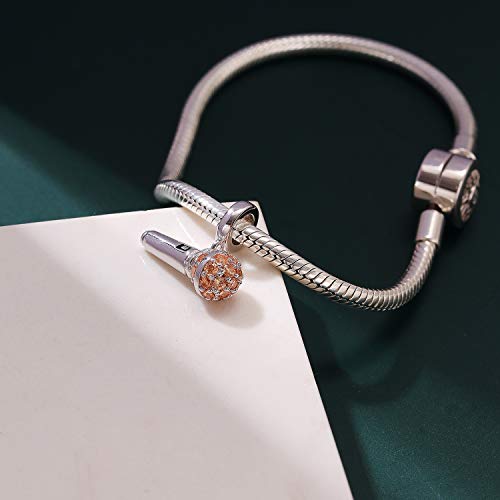 I Love Music Microphone Voice Charms 925 Sterling Silver Champagne Crystal Pendants fit Pandora Bracelet Necklace2