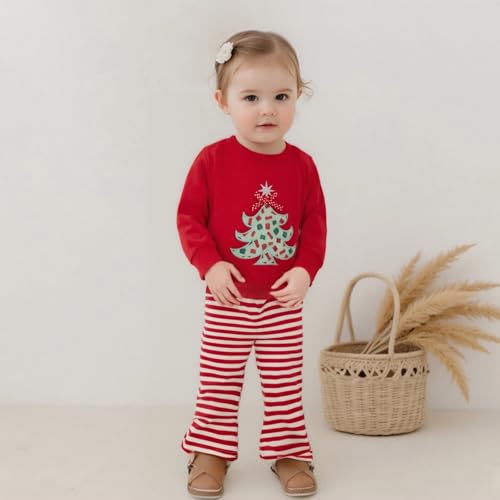 Toddler Baby Girl Christmas Outfit Bow Christmas Tree Embroidery Long Sleeve Sweatshirt Flared Pants Set Xmas Clothes3