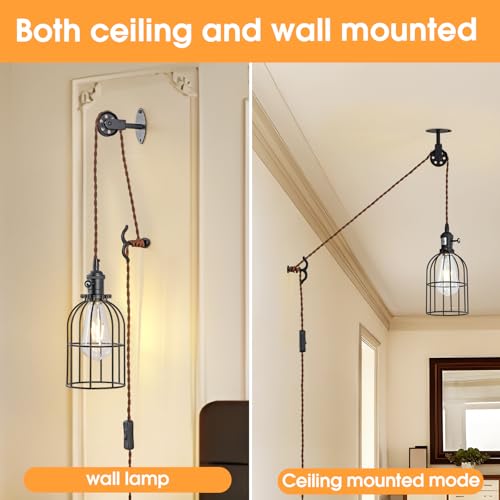 Image of Plug in Pendant Light Set of 2,Industrial Hanging Lamps that Plug into Wall Outlet,Farmhouse Pulley Pendant Light with Plug in Cord, Wall Lamps for Bedroom Living Room Kitchen.
