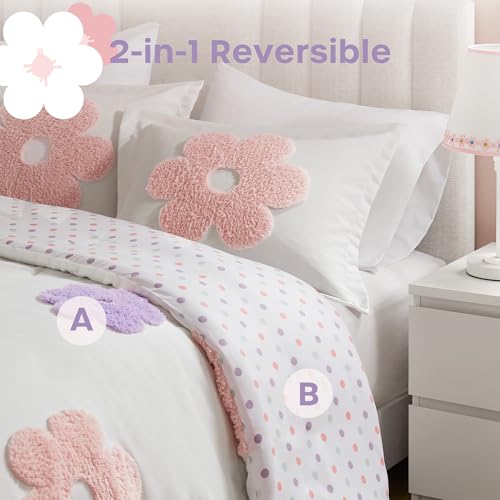 Intelligent Design Kids Full Comforter Set for Girls, Tufted Chenille Floral Comforter Set Queen, Lightweight Polka Dot Reversible Bed Set, Shams, Pillow, Gracie, Full/Queen White/Purple 4 Piece