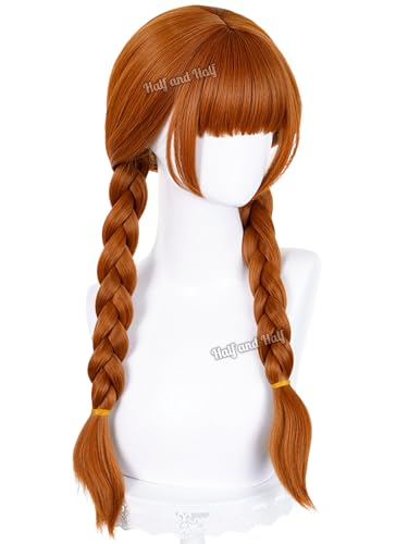 Image of Half and Half Long Orange Brown Braided Wig with Bangs for Women 27.5'' Copper Brown Twin Braids Wigs Pigtail Wig Hair for Halloween Party Costumes