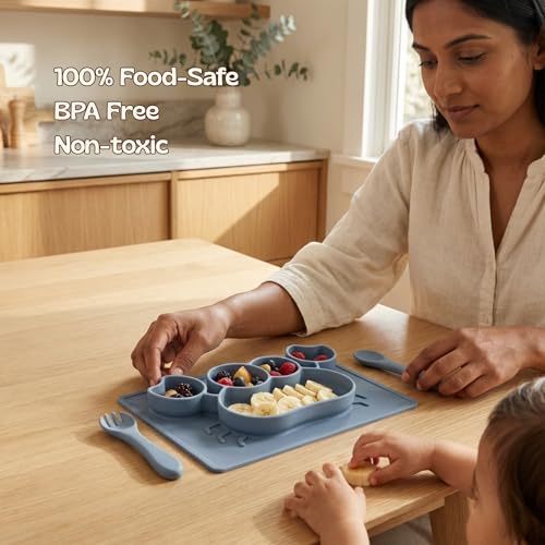 Image of Silicone Baby Meal Plate Set with Spoon & Fork | Crab Shaped | Blueberry Colour | 5 Section Divided Plate for Toddlers | Food Grade Kids Feeding Set | Microwave Dishwasher Safe