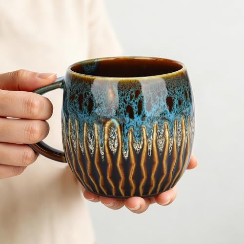 20Oz Large Ceramic Coffee Mugs Unique Big Pottery Coffee Mug Microwave Safe Cool Stoneware Cups For Tea Latte Oversized Mug With Handle For Home Blue Wide Clay Mugs For Men Fancy Handmade Ceramic Cup