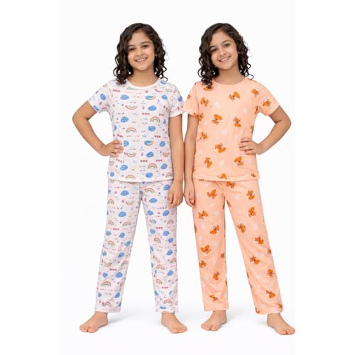Image of NammaBaby Girl Cotton Night Suit Tshirt Shorts Capri Pyjama Set - Multipacks