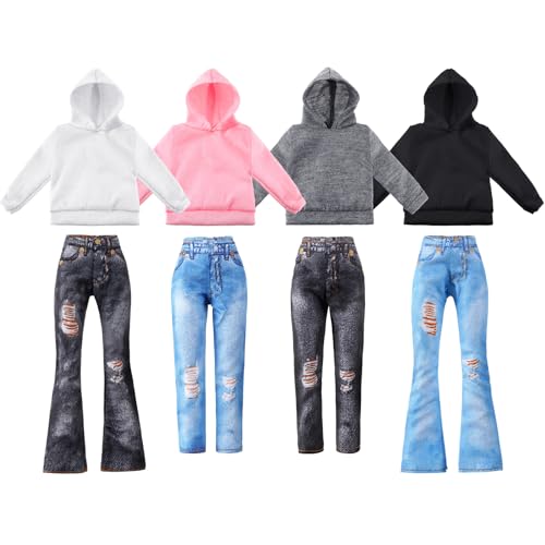 Bencailor 8 Pieces Winter Doll Clothes Girl Accessories Cotton Christmas Sweaters Denim Pants Regular Outfit Clothing(Black,White,Grey,Pink,11.5 Inch...