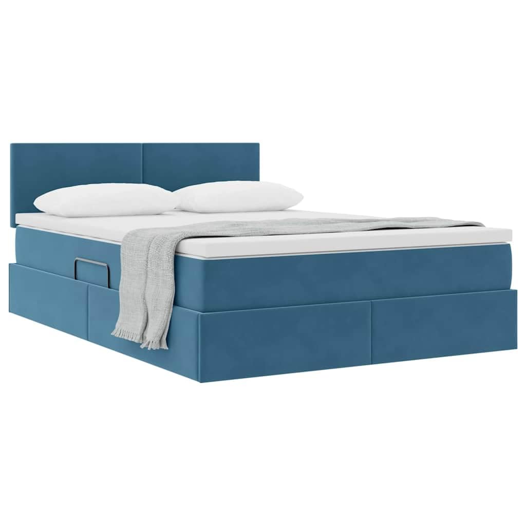 Cama canapé tapizada Azul Oscuro de Terciopelo 140 x 200 cm con almacenaje elevable, cabecero, somier de láminas, Estructura de Metal y colchón para Dormitorio Moderno, 2 plazas