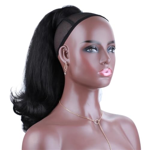 Coleta Postiza Cola de caballo con cordón recto Yaki de 16 pulgadas for mujer, poni de pelo rizado sintético hasta los hombros con deformación de cola, negro Natural ponytail extension