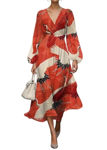 shownicer Damen Kleider Elegant Kleid Lang Blumendruck Musselin Kleid V Ausschnitt Wickelkleid Langarm Herbstkleid Vintage Midikleid A Orange1 L