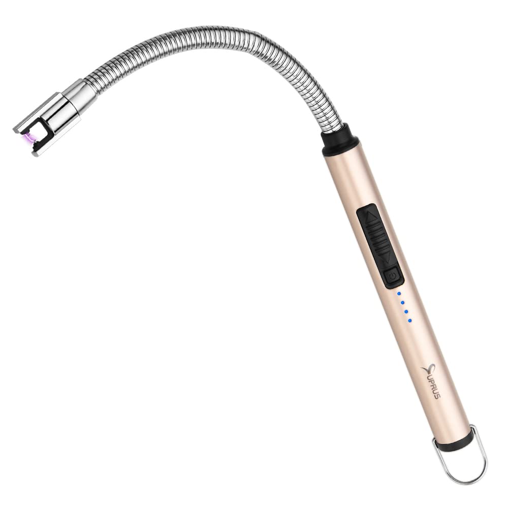 SUPRUS Electric Candle Lighter USB Type C Rechargeable Lighter Steel Shell Hanging Hook with 360 Flexible Neck Gold