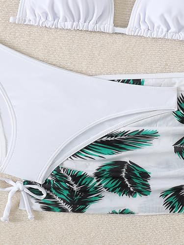 Image of Girl's 3 Piece Set Leaf Print Bikini Sets Bathing Suit with Mesh Cover Up Skirts White 170