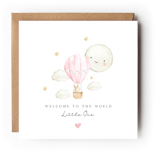 The Little Party Company Tarjeta de felicitación para bebé con texto en inglés 'Welcome to the World Little One', globo de aire caliente rosa, 15 x 15 cm, con sobre marrón kraft