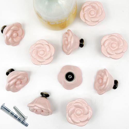 Image of YOUYOUULU Porcelain Flowers Knobs - Pink Rose Handles - 10Pcs Pink Ceramic Dresser Rose Knobs - Exquisite Flower Pulls for Cabinet Furnitures Decor DIY