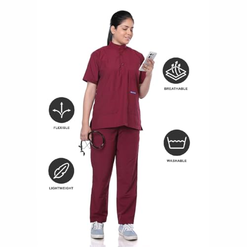 Image of Women 5-Pocket Scrub Suit | Set of Top & Pant | Half Sleeves | Mandarin Collar | Breathable Polyviscose Fabric | Comfortable | Durable | Uniform for Doctors Nurse & Dentist MRN XL