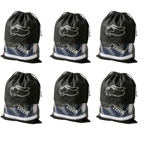 Image of Hian Black Shoe Storage Bags with Transparent Window & Drawstring Closure - Non-Woven Travel Footwear Organizer, Dustproof Reusable Shoe Covers for Luggage, Closet & Gym Use - Pack of 6