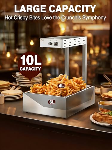 Image of PYY French Fry Warmer - 10.5L Large Food Heat Lamp for Chips Commercial Heat Light Free, Food Warmer Countertop, Standing Warming Dump Station Churros Fried Food, Home, Restaurant, Silver, 500W