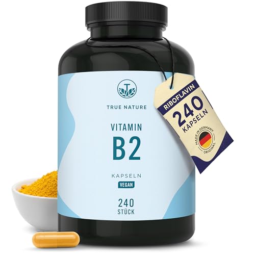 Vitamin B2 Riboflavin - Hochdosiert: 250mg Riboflavin - 240 Kapseln (Big Pack) - Unterstützt Energiestoffwechsel Haut und Nerven - Laborgeprüft - Vegan & Deutsche Produktion - TRUE NATURE