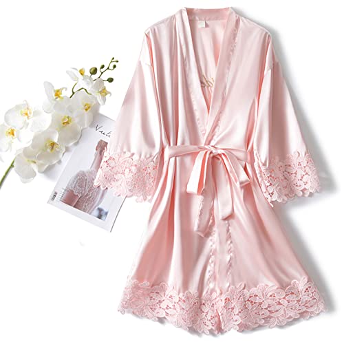 Image of Crystal Dew 2 Pcs Mother of the Bride Groom Robe with Lace Trim Embroidery Bridal Satin Kimono Robes for Wedding Day
