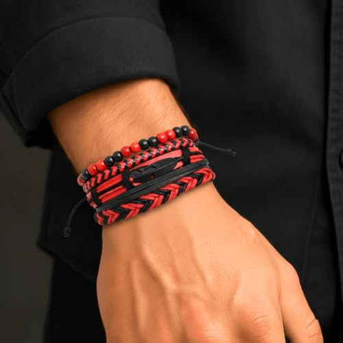 Image of THE MEN THING CRIMSON FEATHER - 4 Pcs Genuine Leather Adjustable Bracelet Set for Men & Boys (8 inch)