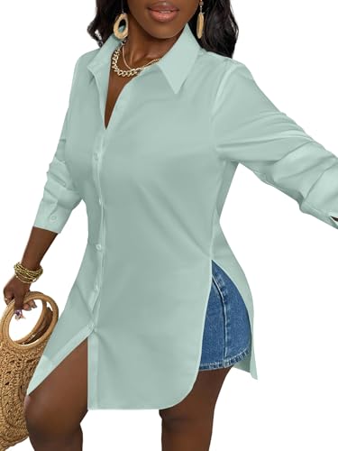 Image of LYANER Women's Collar Neck Long Sleeve Button Down Shirts Sexy Split Hem Tops Long Blouse Shirt Dress