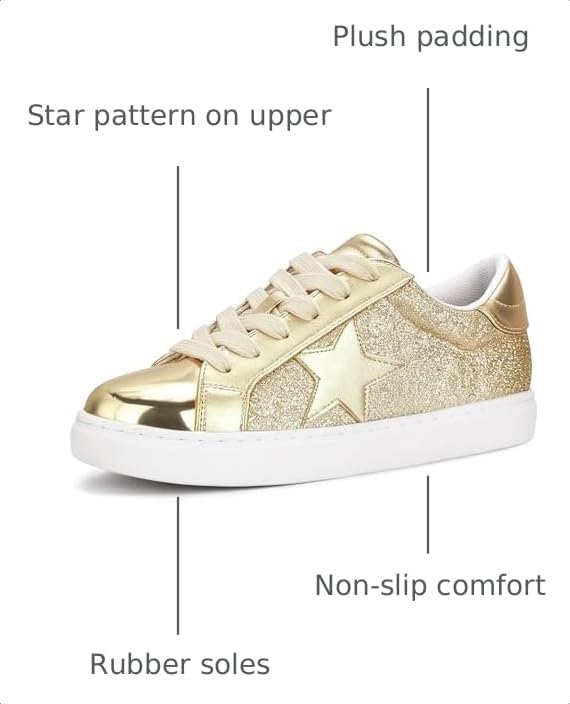 Image of PARTY Women's Fashion Sneakers Lace Up Casual Low Top Comfortable Cushioned Walking Tennis Shoes Trendy Daily Shoes,Gold Glitter,6