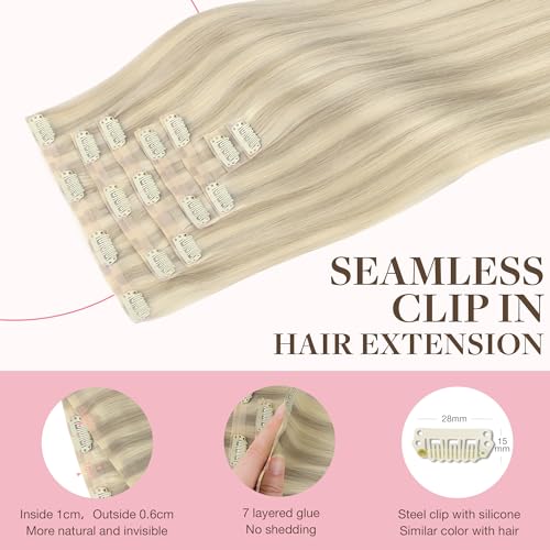 Image of GOO GOO Clip in Hair Extensions Real Human Hair, Remy Human Hair Extensions Clip ins for Women, Natural Human Hair, 14inch 110g 7Pcs, 17A /60A Ash Blonde Highlighted Platinum Blonde