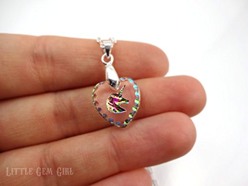 Rainbow Crystal Unicorn Heart Engraved Glass Pendant Necklace 18 inch Silver Chain, Adult Women's Jewelry4