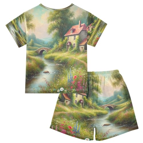 Flowers Stream Pajama Set Short Sleeve Summer Pajamas Sleepwear Nightwear Set Cotton 5Y2