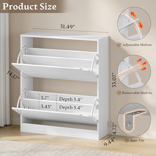 Image of BORNOON Shoe Cabinet with 2 Flip Drawers, Slim Narrow Shoe Storage Cabinet, Freestanding Shoe Organizer with Adjustable & Removable Shelves, Top Display Shelf for Entryway, Hallway, Foyer, Closet