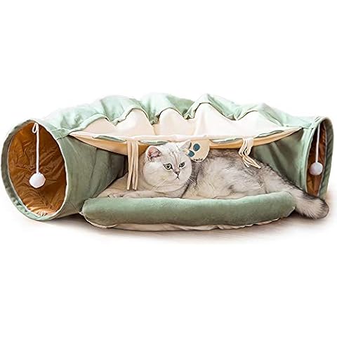 Cat Tunnel Bed with Cushion Mat, Cat Tunnel Toy Play Center with Collapsible Tube and Removable Thick Bed and 2 Hanging Scratching Balls, Peak Hole Hideout House for Cat Puppy Kitten (Green) Cover
