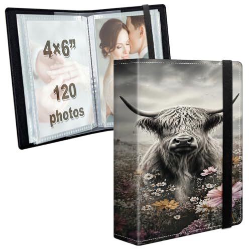 Image of Photo Album 4x6 120 Photos with Strong Elastic Band, Highland Cow Floral