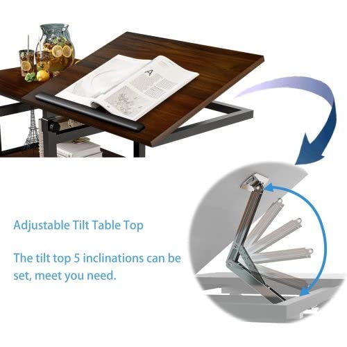 C-Shaped Side Table With Storage Shelves,Height Adjustable Bedside Table, Overbed Table Portable Laptop Desk Cart Workstation With Wheels, For Home Office Sofa Desk #TOP3