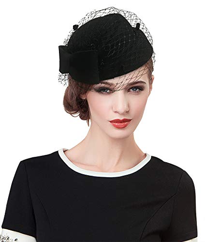 Z&X Chapeau bibi d'hiver en laine pour femme avec nœud papillon, voile de mariage, église, chapeau vintage en feutre - noir - Taille unique Cover