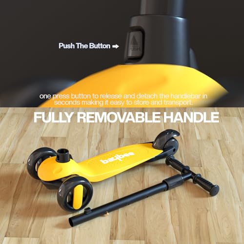 Image of Baybee Alpha Kick Scooter for Kids, Smart 3 Wheel Kids Scooter with 4 Height Adjustable Handle, Runner Scooters with Led PU Wheels & Brake, Skate Scooters for Kid 3 to 10 Years Boys Girls (Yellow)