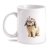 Fashionalarm Taza de conejo con corona de flores – Impresión por ambos lados | Idea de regalo para parejas amantes de los conejos Pascua Regalo Pascua Conejo Rosario Blanco 330 ml