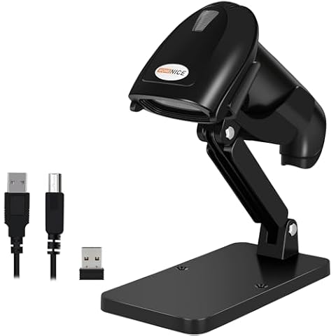 WoneNice Wireless 1D 2D Barcode Scanner with Stand, Automatic Handheld QR Code Scanner CMOS Image Bar Code Reader with USB Receiver for Computer POS Supermarket Library Supports Screen Scaning, Black Cover