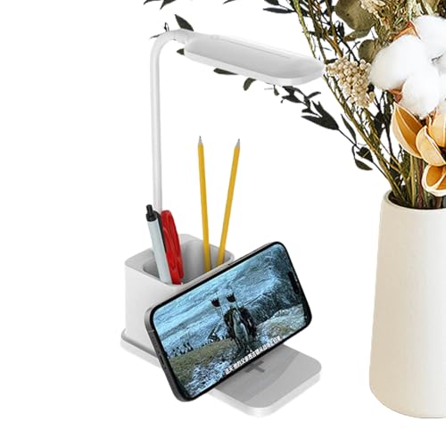 Yhsioaklo Lámpara de escritorio | Luz de lectura de carga inalámbrica | Lámpara de mesa | Iluminación para el cuidado de los ojos, brillo ajustable, soporte para bolígrafos, accesorios de