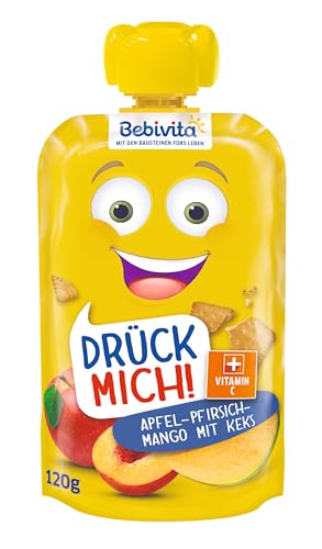 Bebivita Drück mich! Quetschbeutel Apfel-Pfirsich-Mango mit Keks, 6er Pack (6 x 120 g)