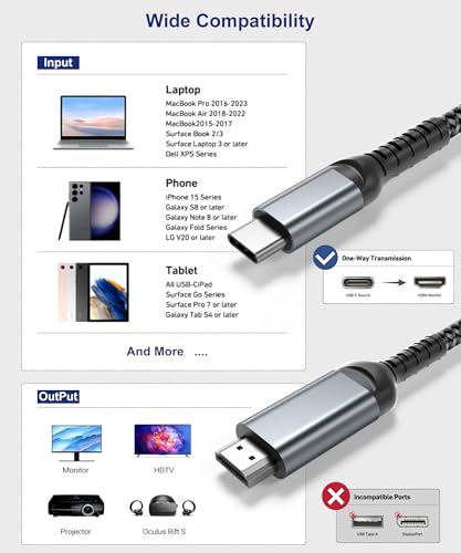 Cable USB C a HDMI de 15 pies 4K compatible con Thunderbolt 4 para Surface 7