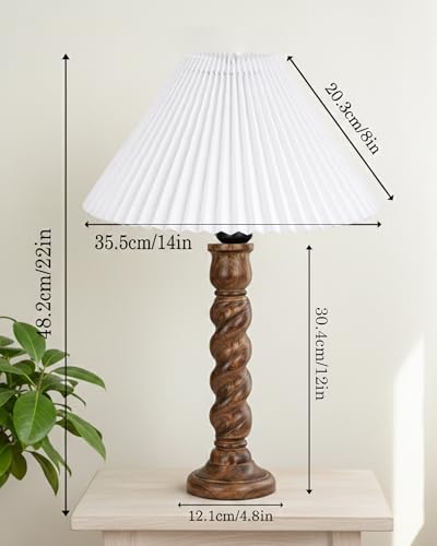 Image of Homesake Classic Twister Wooden Table Lamp with Shade | Handcrafted Bedside Lamp, E27 Holder| Bulb Included |Warm Light Night Lamp, Bedroom, Living Room, Study & Home Decor, (Pleated White)