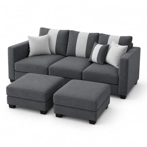 Image of Revo 5 Seater L Shape Sofa Set with 2 Movable Ottomans | Flexible Layout | Luxury Velvet Suede Fabric | Modern Living Room Sofa | Dark Grey
