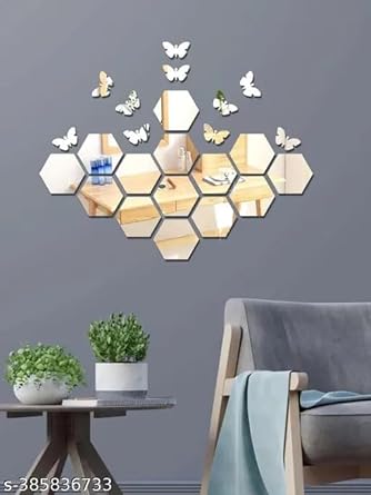 HAWKCRAW 14 Silver Hexagon Mirror Stickers with 10 Butterflies for Wall (Silver) - Acrylic Wall Mirror Stickers for Bedroom, Hall, Home Offices