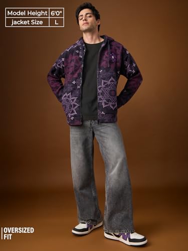 Image of The Souled Store Oversized Jacket: Mandala Men and Boys Full Sleeves Hooded Neck Dark Purple Embroidered Ethnic Print Polar Fleece Oversized Fit Lightweight Casual Jacket