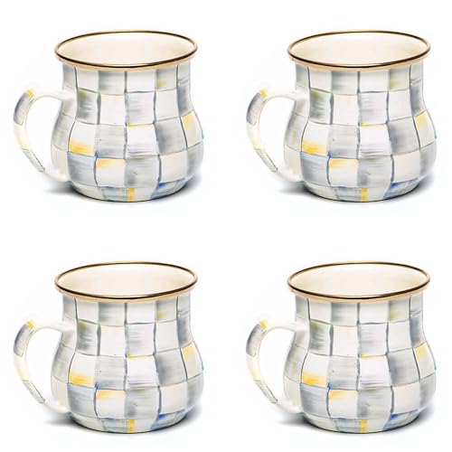 Image of MACKENZIE-CHILDS Enamel Mug Set, Gray-and-White Sterling Check