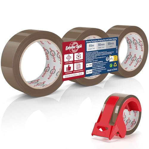 Ealyder Tape Ruban Adhésif d’Emballage 3 Rouleaux avec Dérouleur – Marron, 50mm x 55m, Ruban Résistant pour Cartons, Colis, Déménagement, Expédition, Stockage et Bureau