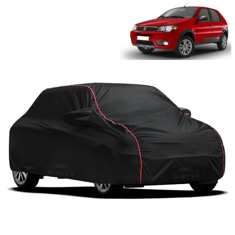 Image of Waterproof Car Cover for Fiat Palio | All-Weather Protection, Dustproof & UV Resistant | Triple Stitched Mirror Pockets, Windproof Buckle Strap with Elastic Hem, Black-Red Piping