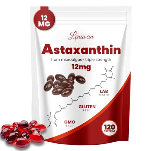 Leniuxin Astaxanthin 12mg,Tanning Pills,Premium Organic Astaxanthin Antioxidant Supplements,Supports Immune, Skin, Eye & Joint Health-Non-GMO, Gluten-Free, 4 Month Supply, 120 Servings (1)