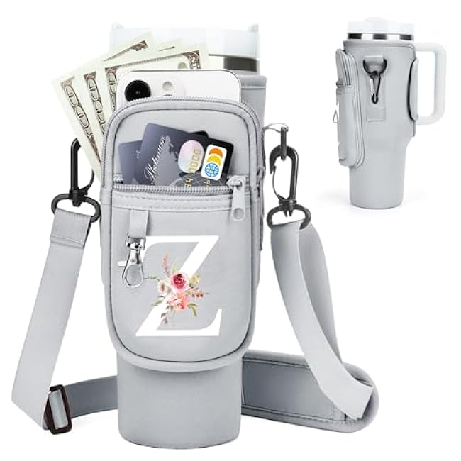 Initial Water Bottle Holder with Strap for Stanley 40 oz Tumbler/Simple Modern 40 oz Tumbler,Water Bottle Carrier Bag with Strap,Personalized A-Z Phone Pocket for Stanley Cup Accessories