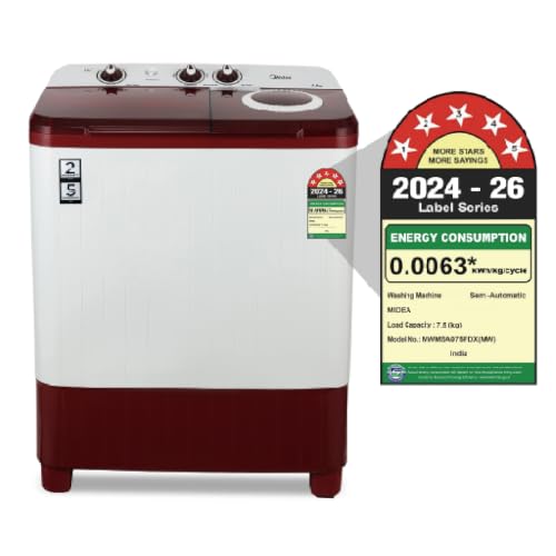 Image of Midea 7.5kg Semi Automatic Top Load Washing Machine, Collar Scrubber, Dual Wave Pulsator, 1350 RPM High-Speed Spin, Air Dry Spin Lid, Top Load Washer (MWMSA075PDX (MW), Maroon-White)