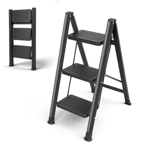 Victoam Marchepied pliable à 3 marches avec support sûr, pédale élargie, échelle pliante en aluminium, multifonction, charge maximale : 150 kg, pour la cuisine, la maison, l'extérieur, le bureau, noir